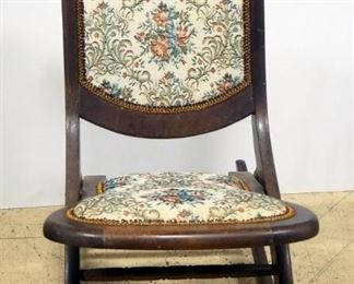 Unique Folding Rocking Chair With Needlepoint Back And Seat And Carved Rose In Headrest, 31.5" H