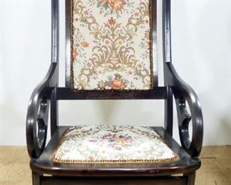 Wood Rocking Chair With Needlepoint Floral Back And Seat With Carved Wood Headrest, 40" High