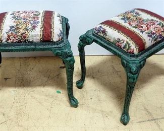 Pair Of Cast Iron Footstools With Padded Upholstered Tops
