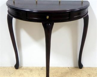Wood Semi-Circle Entry Table With Single Drawer And Brass Backrail, 29" W x 14.75" D