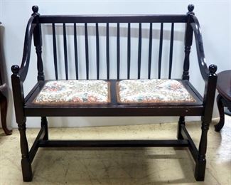 Wood Bench With Spindle Back, Needlepoint Padded Seats, Matches Lot 137, 34.5" High x 38" Wide x 20" Deep, Seat Lifts Out Of Bench