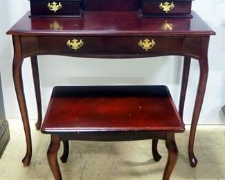 Wood Student Desk With Single Drawer And 2 Small Drawers On Top, Brass Pulls, Matching Seat, Some Cosmetic Wear, 37.75" High x 37.75" Wide x 18" Deep