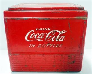 Vintage Metal Coca-Cola Insulated Ice Chest/ Cooler With Side Handles, 16" High x 18" Wide x 13.5" Deep