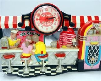 Coca-Cola Molded Plastic Wall Hanging Retro Diner And Clock, 13" High x 21" Wide x 3" Deep, And Glass 2 Liter Coca-Cola Bottle
