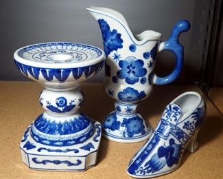 Blue And White Ceramic Pitcher (9" High), Shoe and Hand Painted Russian Candle Stick Holder