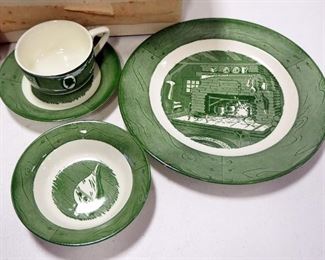 Mar-Crest Colonial Homestead Dinnerware Sets, Qty 4, Each Set Includes Dinner Plate, Dessert Dish, Cup And Saucer, 3 Sets NIB