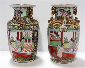 Two Hand Painted Oriental Vases, Both Stand 14" High