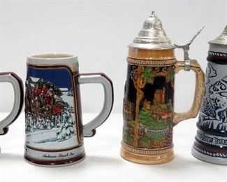 Two Budweiser 1989 Collectors Series Steins, Avon 1976 Mountain Wildlife Stein, And West Germany Gerzit Stein