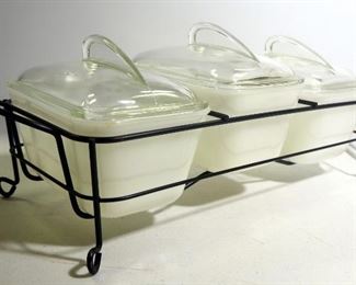 Glasbake Buffet Server Set With Three Milk-White 1-1/2 Qt Dishes With Clear Fin Handle Lids In A Single Wrought-Iron Server