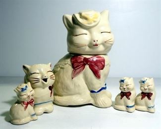 Puss 'N Boots Ceramic Cookie Jar, Creamer And 3 Salt & Pepper Shakers