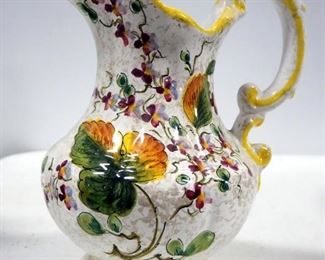 Two Ceramic Pitcher And Bowl Sets With Floral Designs, 10.5" Pitcher With 13.5" Dia. Bowl And 9.5" Pitcher With 10.25" Dia Bowl