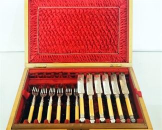 Robert Fead Mosley & Co. Knife And Fork Set, Each Utensil Is Engraved With Scroll And Floral Design, 12 Total Pieces In Fabric Lined Wood Box
