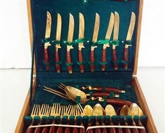 Gold Toned And Wood Handled Flatware Set In Wood Box, 29 Pieces Total