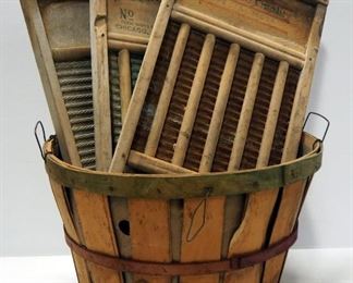 Three Primitive Washboards Includes National Washco Board No. 801, Wards Standard Quality, One Illegible In Bushel Basket