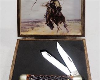 Maxam 2-Blade Pocket Knife In Wood Display Box With Cowboy And Bucking Horse Image