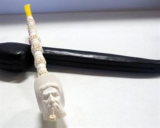 Hand-Carved Meerschaum Pipe, 14" Long, Sailor Or Fisherman's Head, With Fabric-Lined Case, Never Used