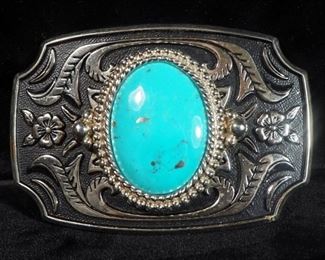 Metal Belt Buckle With Turquoise Stone