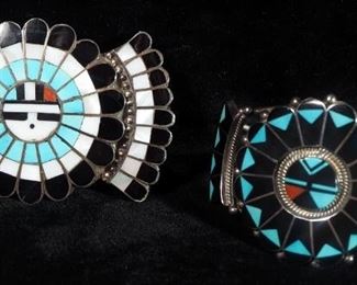 Southwest Style Inlaid Bracelet Engraved On Back By Artist Benji S. Tzuni, Zuni And Inlaid Belt Buckle Marked J. U. Massie