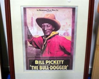 Advertising Poster For "The Bull-Dogger" Starring Bill Pickett (Willie M. Pickett) By Norman Film Mfg Co, Framed Matted Under Glass 24" W x 28" H