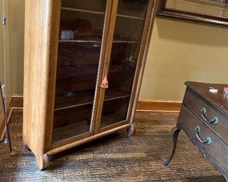 Antique Art Deco Glass Door Oak Wood Bookcase / 4 Shelf Display Cabinet