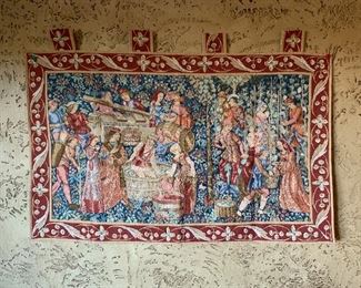 Goblys Vendage European tapestry features a remarkable representation of the grape-gathering method and the wine-press used in medieval times and is composed on a mille-fleures background.The original design was woven in Tournai in the 15th century and hangs in the Cluny Museum in Paris. $45