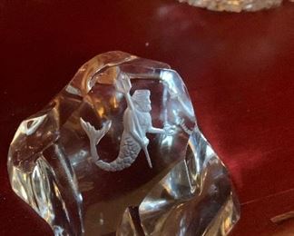 Val St. Lambert Intaglio Neptune / Poseidon Merman Iceberg Crystal Paperweight
