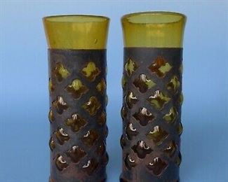 4 pair Mexican mid Century modern caged hand blown amber glass. by artist (Felipe Derlinger). Mexican mid Century cage hand blown amber 4 small glasses 4 tall