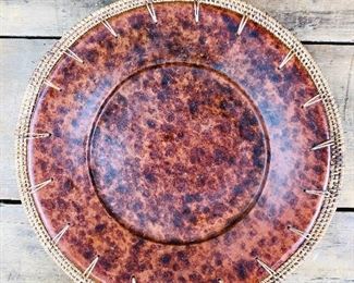 Beautiful vintage Heavy decorative clay plate with woven rattan edge with felt feet stickers. NOTE: stamped on the back is - NOT FOR FOOD USE