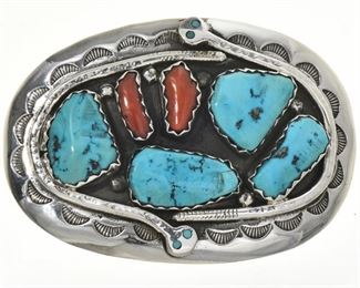 Zuni Turquoise Coral Vintage Snake Buckle by Effie Calavaza This Zuni Turquoise Coral Vintage Snake Buckle is not only authentic Indian jewelry but it's a highly collectible treasure from Effie Calavaza. Circa 1970's, this was made by Effie using natural, Kingman nuggets, $350