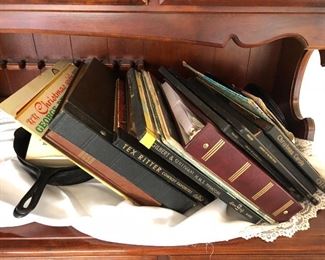 2 Cast iron pans, records