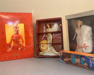 Holiday Gift Barbie, Bob Mackie Barbie, Marilyn doll, and Midge doll