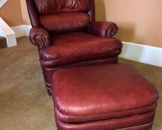 Handcock and Moore Leather Reclining Chair and Ottoman - Deep Burgundy Leather with Nailhead Trim.  
37" x 32 1/2" x 33"