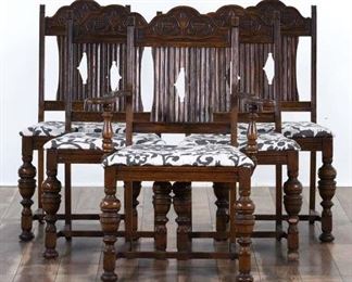 Set Of 5 Carved Gothic Revival Dining Chairs