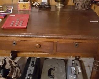 Antique slant top desk and  cameras