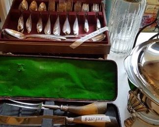 Silver plate flatware and horn handle carving set