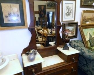 WALNUT DROP CENTER MARBLE TOP DRESSER