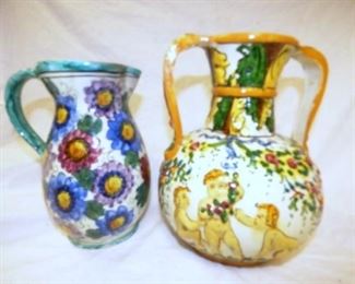 10 & 11IN. HAND DECORATED ITALIAN PITCHERS