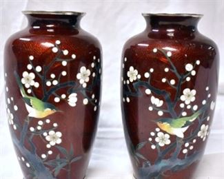 PAIR HANDPAINTED 8IN CLOISONNE VASES