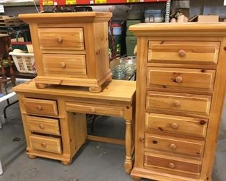 Broyhill pine desk, nightstand, lingerie chest