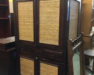 wicker and wood armoire or TV cabinet