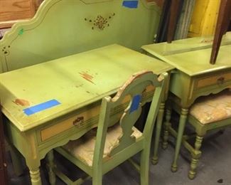 green painted desk and chair and headboard and dressers