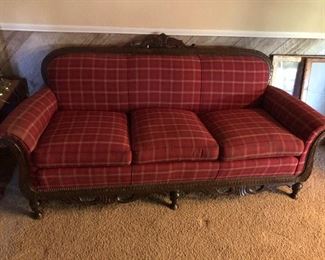 Antique Red Plaid Victorian Sofa