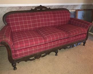 Antique Red Plaid Victorian Sofa