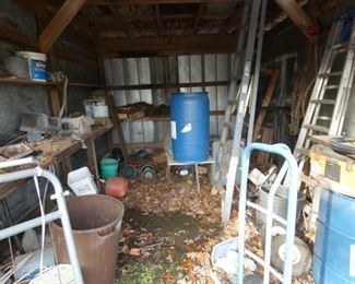 LADDERS, GAS CANS, BARREL 