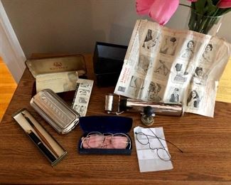 Rolls Razor with directions and case, vintage Electric pain relief device, vintage wire glasses, ink pens