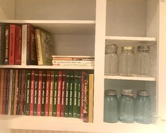 Cookbooks galore, these are not all!! Southern Living, Taste of Home..... Jars; Blue Ball jars w Aluminum lids, Ball, Atlas Mason
