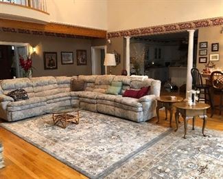 Lane Sectional sofa: 3 sections, 2 recliners...Left side pulls out and makes a queen bed, two oval side tables, rattan glass top coffee table, two Karastan "Euphoria" rugs 8 x 11