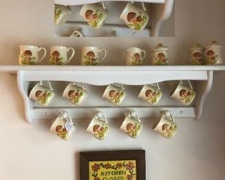 Vintage ‘mushroom’ mugs, cream & sugar, salt & pepper; cross-stitch...