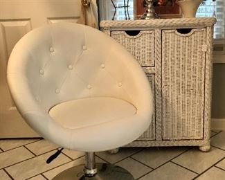 Wicker cabinet with 1 pull out drawer, 2 storage 'bins', Ladies chair with metal base; swivels and adjusts up and down