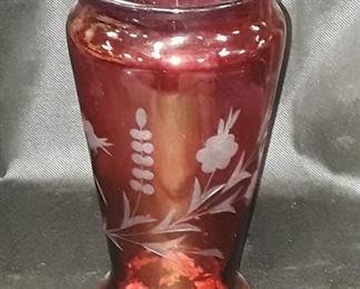 Cranberry Etched Glass Vase 